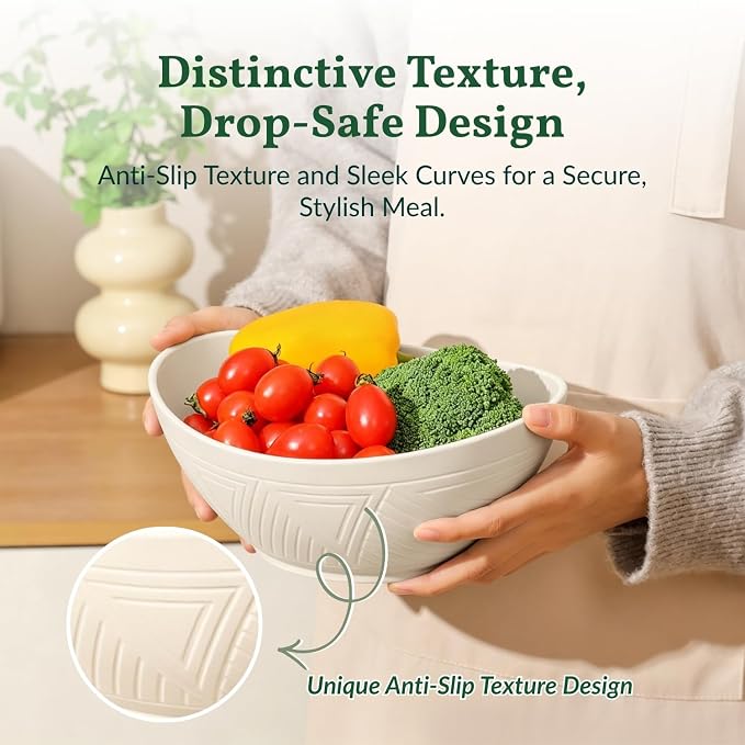 Salad Bowls Set of 6, 60 OZ Large Wheat Straw Bowls for Kitchen, Camping, Party, Unbreakable Lightweight Popcorn Bowl, Microwave and Dishwasher Safe Bowl Set with Unique Texture - Beige