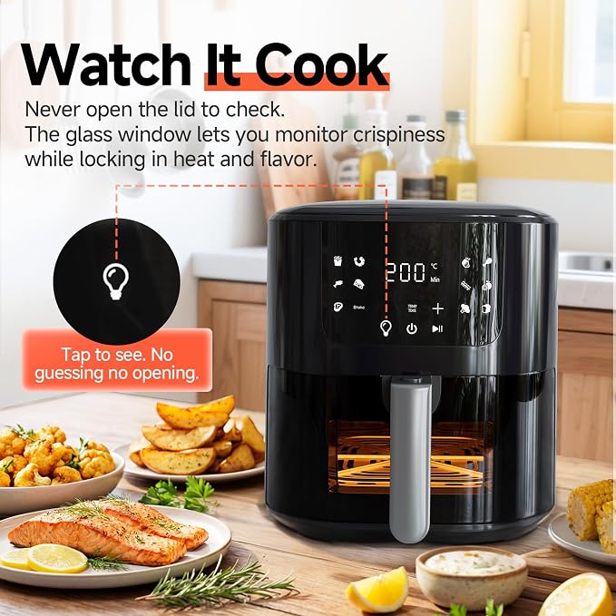 Qido Air Fryer, 5.28 QT Square Airfryer with Visual Window, 400°F Fast Heating Air Fryers Oven with One-Touch Presets, Auto-Off, Dishwasher-Safe Nonstick Basket, Multiple 8 in 1 Function, Light Black