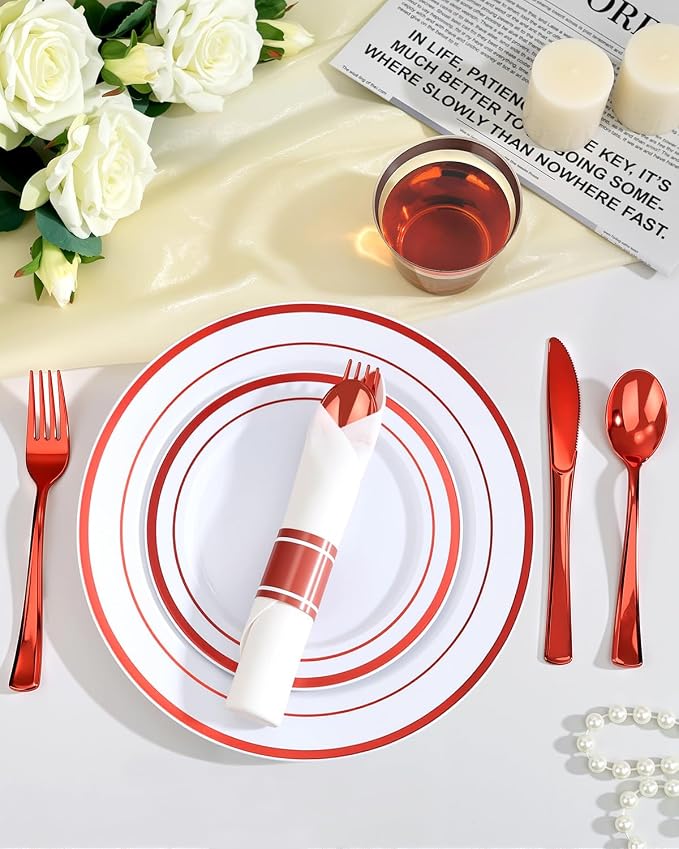 350 Piece Red Plastic Dinnerware Set for 50 Guests | Disposable Dinnerware Includes: 50 Dinner Plates, 50 Dessert Plates, 50 Pre Rolled Napkins with Silverware, 50 Cups