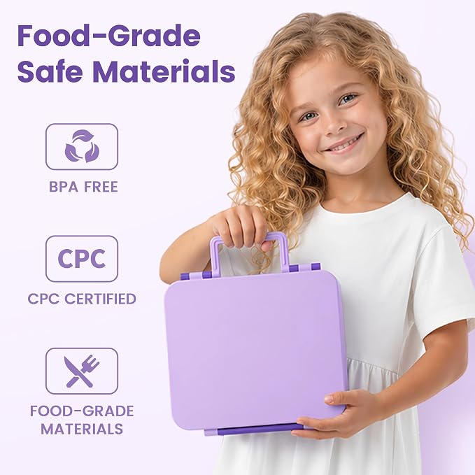 LOHASOK Bento Lunch Box for Kids with 8oz Soup Thermo, Purple | 4-Compartment, Leak-Proof Lunch Containers with Insulated Food Jar and Silicone Foldable Spoon Fork