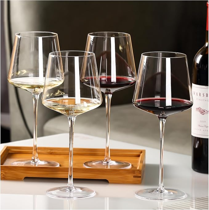 Physkoa 18OZ Red Wine Glasses Set of 4-LeadFree Crystal Wine Glass with Tall Long Stem【Hand Blown Italian Style】 Stemmed Square Wine Glasses Gifts for Home Party