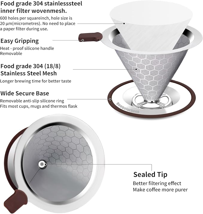 Pour Over Coffee Maker, Reusable Stainless Steel Filter | Easy to Clean, No Paper Waste. BPA-Free, Plastic-Free Coffee Filter. Eco-Friendly, Reusable, 1-2 Cup Size