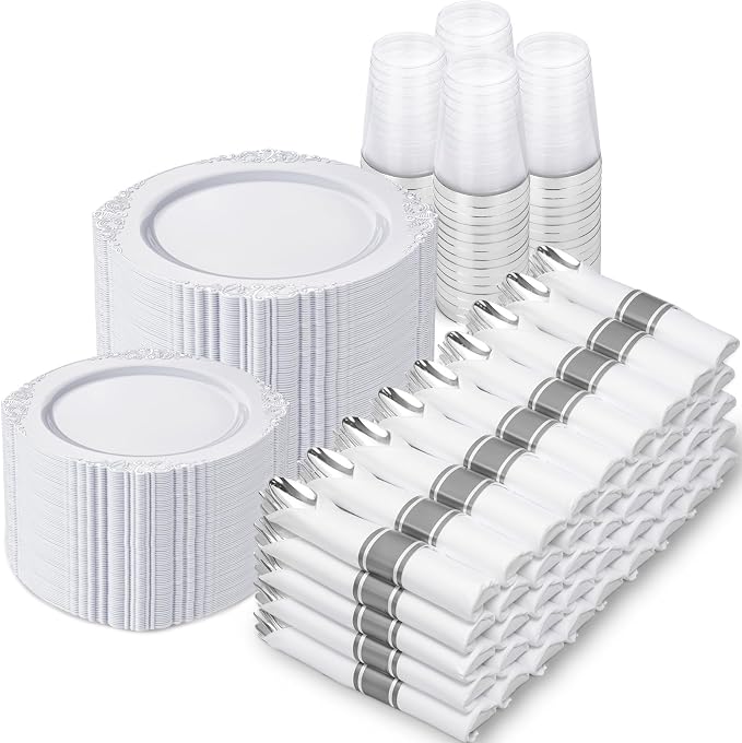 Nervure 700Pcs Silver Plastic Plates, Plastic Dinnerware Set for 100 Guests | 100 7.5" Dessert & 100 10.25" Dinner Plastic Plate, 300 Cutlery, 100 10oz Cups, 100 Napkin for Wedding & Party, Heavy-duty