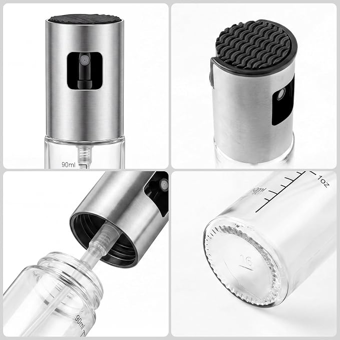 4 Pack 100ml Glass Olive Oil Sprayer with Scale & 4 Label Stickers, Refillable Fine Mist Oil Dispenser for Air Fryer, Salad, Baking, Grilling, Frying
