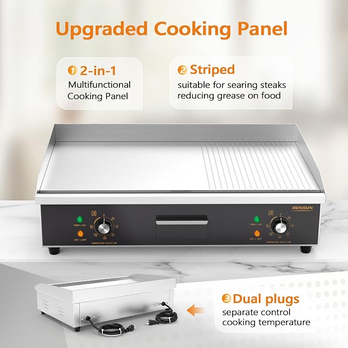ROVSUN 30" Electric Griddle, Electric Countertop with Half Flat Top Griddle, 3000W Grill Stainless Steel with Adjustable Temperature Control 122°F-572°F for Commercial Home Restaurant, Plug