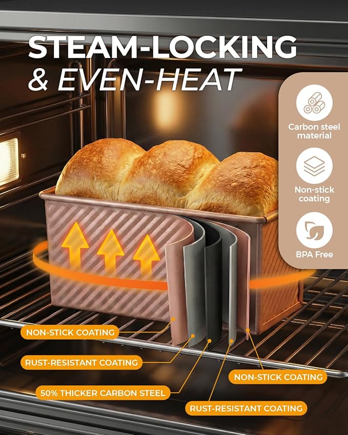 CARTMAN 3-Piece Pullman Loaf Pan with Lid, 2.2/1/0.8 LB Bread Pan, Gold | Includes 2.2/1/0.8 LB sizes & silicone tools, bottom vents, nonstick carbon steel, nesting storage, for bread & brownies