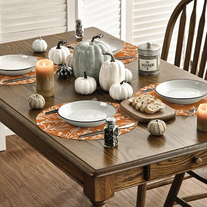 Artoid Mode Eucalyptus Leaves Round Fall Placemats Set of 6-14 Inch | Heat-Resistant, Washable Table Mats, Seasonal Autumn Kitchen Dining Decor