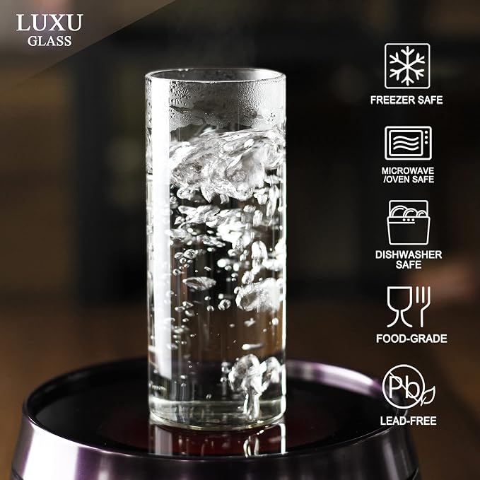 LUXU Drinking Glasses 12 oz,4pcThin Highball Glass,Clear Tall Beer Glass | Lead-Free Glassware,Clear Everyday Drinkware,Water Glasses,Mojito Glass Cups,Bar Glassware,and Mixed Drink Cocktail Glass Set