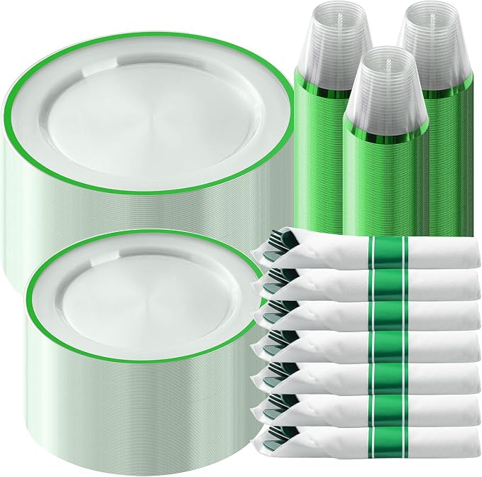 350 Pcs Clear Green Disposable Plastic Dinnerware Sets for 50 | Include 50 Dinner Plates, 50 Dessert Plates, 50 Pre Rolled Napkins with Cutlery Set, 50 Cups for Christmas, St. Patrick's Day