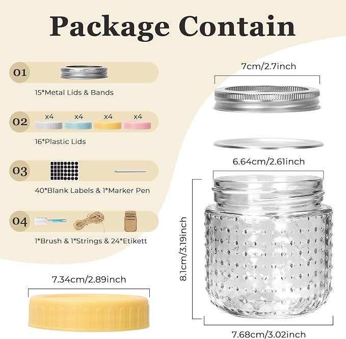 CycleMore 8 oz Mason Jars, 15 Pack Hobnail Design Canning Jars with Silver Metal & Colorful Plastic Lids, Glass Storage Jars for for Storing, Jam, Pickling, Crafts, Home Decor & DIY Gifts