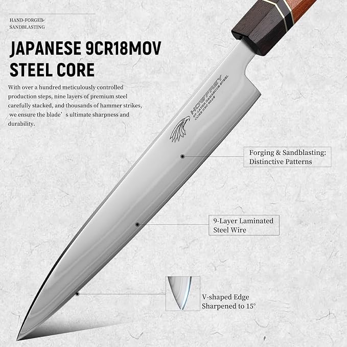 Japanese Chef Knife, Hand Forged 8 Inch 9 Layers 9CR18MOV High Carbon Steel Kitchen Knife with Bubinga Non-standard Octagonal Handle, Cooking Knives for Home Kitchen Gift Idea