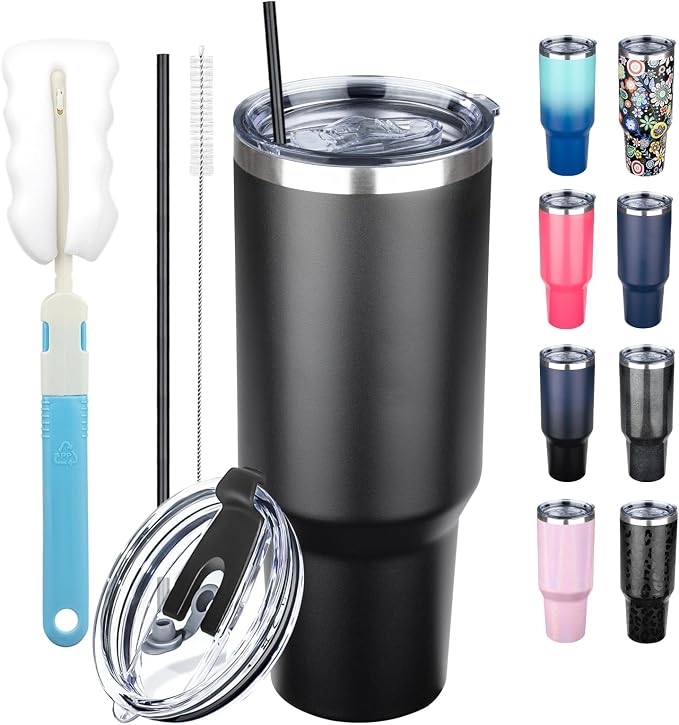40 oz Tumbler with Lids and Straws, Stainless Steel Insulated Coffee Tumbler, Double Wall Vacuum Insulated Travel Mug Cup, Leakproof Thermal Coffee Cup for Hot and Cold Drinks (Black)