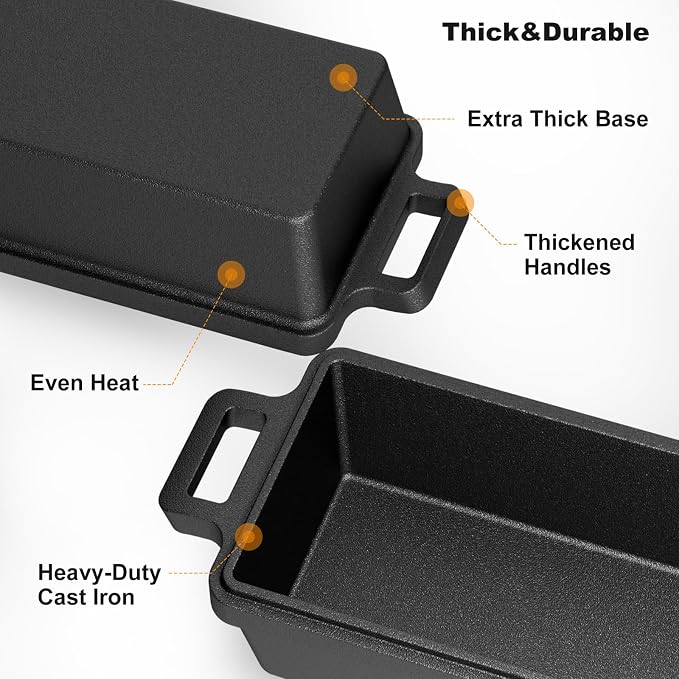 9×5 Inch Cast Iron Loaf Pan with Lid, 2 Pack Bread Pans for Baking | Premium cast iron loaf pan & bread pan set evenly distributes heat for crisp bread crusts. Multi-cooker compatible