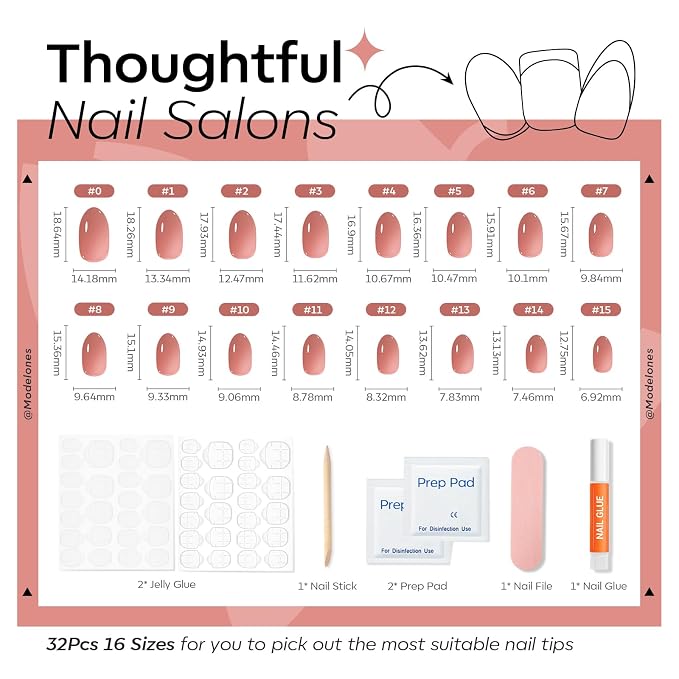 modelones Sheer Milk Tea Short Press on Nails, Oval Fake Nails Kit | Semi-Transparent Press Ons with Nail Glue, Adhesive Tabs, Nail File, Prep Pad, Manicure Stick, 32Pcs 16 Sizes, Women Gift
