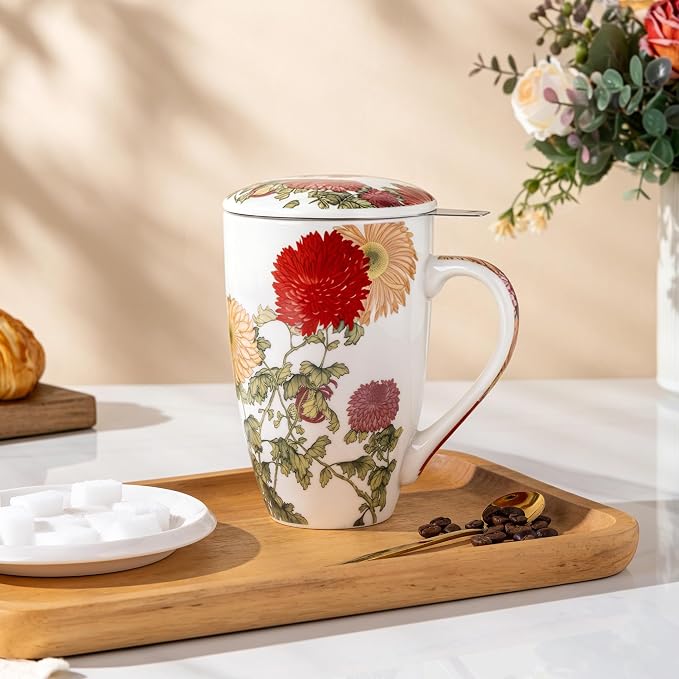 AmorArc Tea Cup With Infuser and Lid, 18oz Loose Leaf Tea Mug With Steeper | Porcelain Tea Mug With Infuser and Lid, Strainer Tea Cup for Tea Lovers, Home & Office, Housewarming Birthday Gift