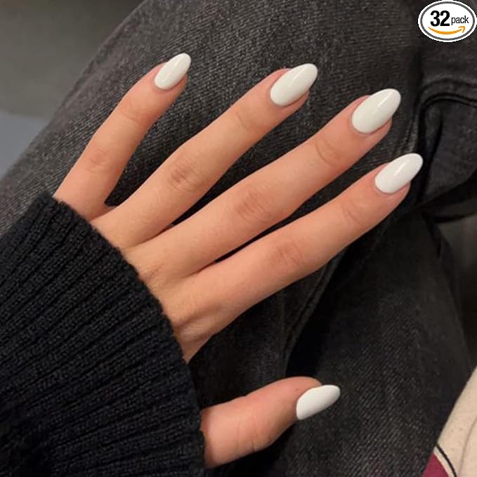 modelones Short Press on Nails, Oval Fake Nails Kit Nails Press Ons | with Nail Glue, Adhesive Tabs, Nail File, Prep Pad, Manicure Stick, 32Pcs 16 Sizes, Elegant White, Summer Women Girl Gift