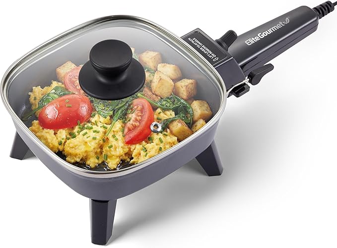 Elite Gourmet EFS059 Personal Compact Electric Skillet, 7" 600W, Black | Portable Cooker with Removable Handle, Nonstick Surface, Tempered Glass Lid, Adjustable Temperature, Rapid Heating