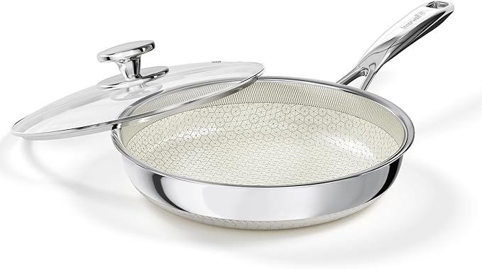 Innerwell 10 Inch Non Stick Frying Pan with Lid, Ceramic Nonstick Skillet | Ceramic Hybrid Tri-Ply Stainless Steel Non Stick Skillet Pan, Metal Utensil Safe, Induction&Oven Safe, PFAS/PFOA/PTFE Free