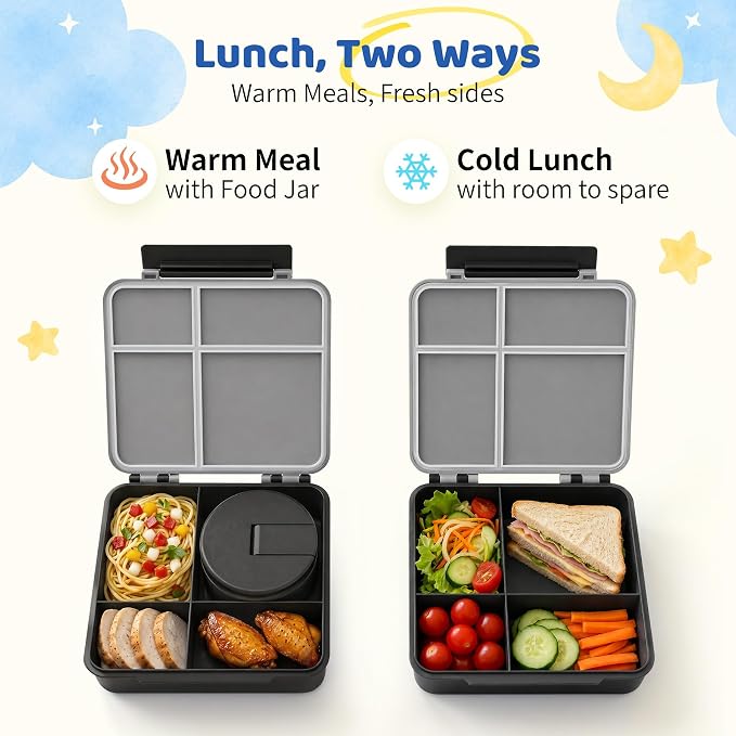 Bento Lunch Box with 8oz Soup Thermo, Kids Leakproof Lunch Food Containers with 4 Compartment, Kids Thermo Insulated Hot Food Jar for School, Trvael (Grey)