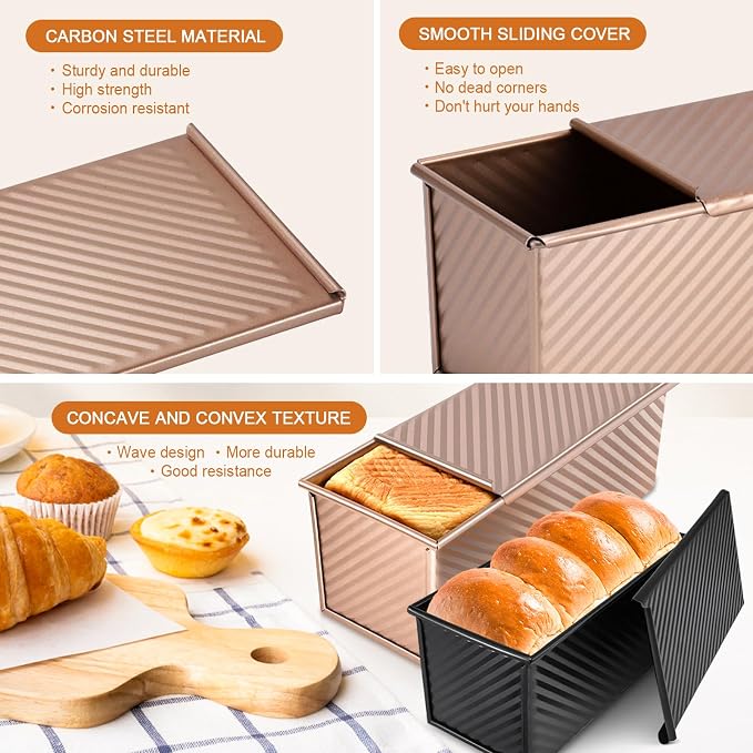 Pullman Loaf Pan with Lid, 2 Pack 2.2 LB & 1 LB Dough Capacity, Non-Stick Carbon Steel Bread Pan for Sandwich Bread and Sourdough Loaves, Square Toast Mold with Baking Tools, Gift-Ready Packaging