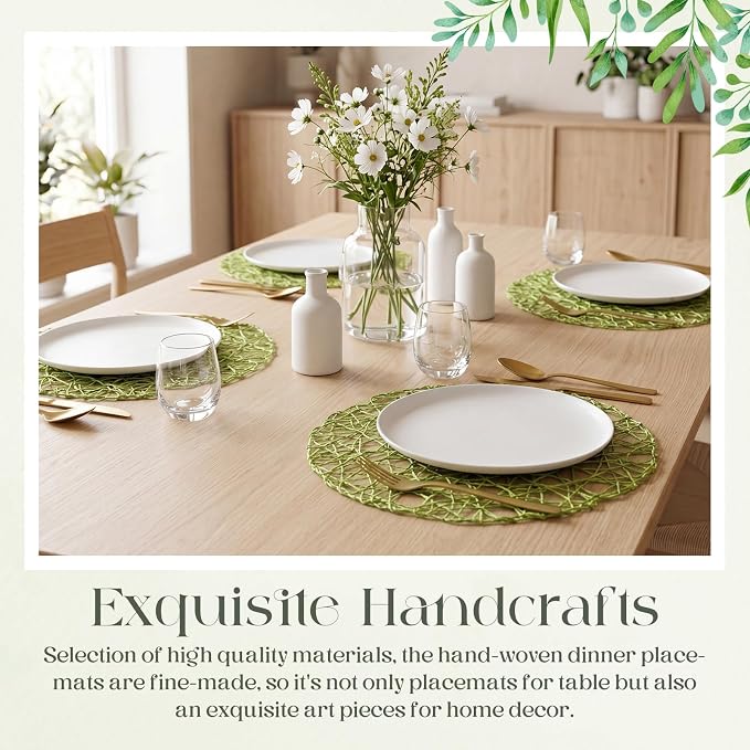 Geosar Round Woven Placemats Bulk Rustic Paper Braided Placemats Boho Natural Non Slip Heat Resistant Table Mats for Wedding Party, Dinner Table Centerpiece Decoration, 13 Inch (Green,24 Pcs)