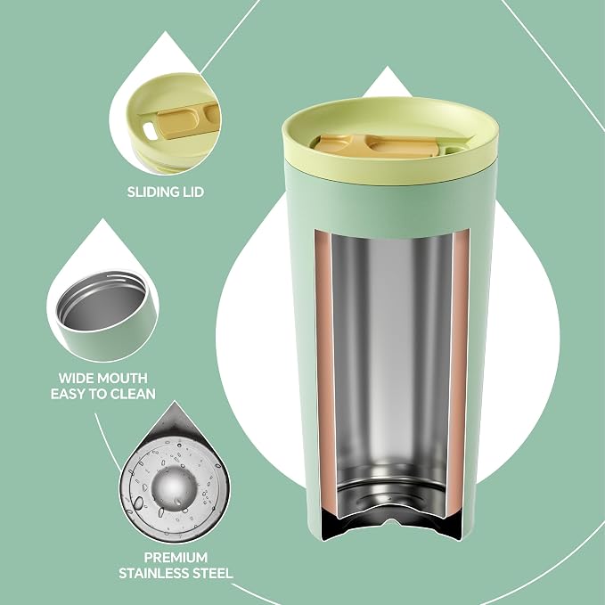 Ideus 17 oz Travel Coffee Mug, Double Wall Vacuum Stainless Steel Insulated Coffee Tumbler With Lid, Splash-Proof & Cup Holder Friendly, Keeps Drinks Hot/Cold, Dishwasher Safe, Mint Green