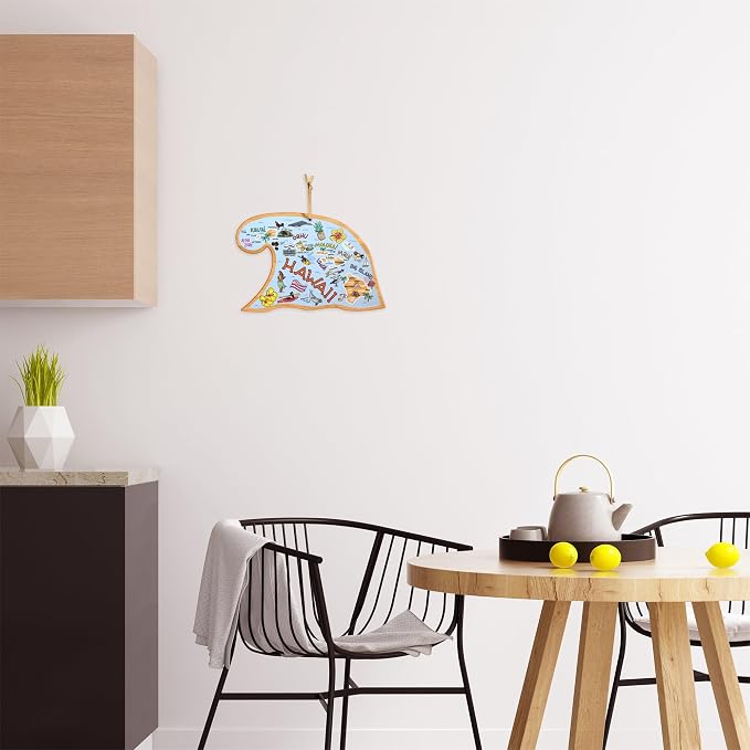 Totally Bamboo Hawaii State Shaped Cutting Board, Art by Fish Kiss | State charcuterie board with colorful hand-drawn map artwork. Smooth reverse side for food prep. Hang tie for wall display.