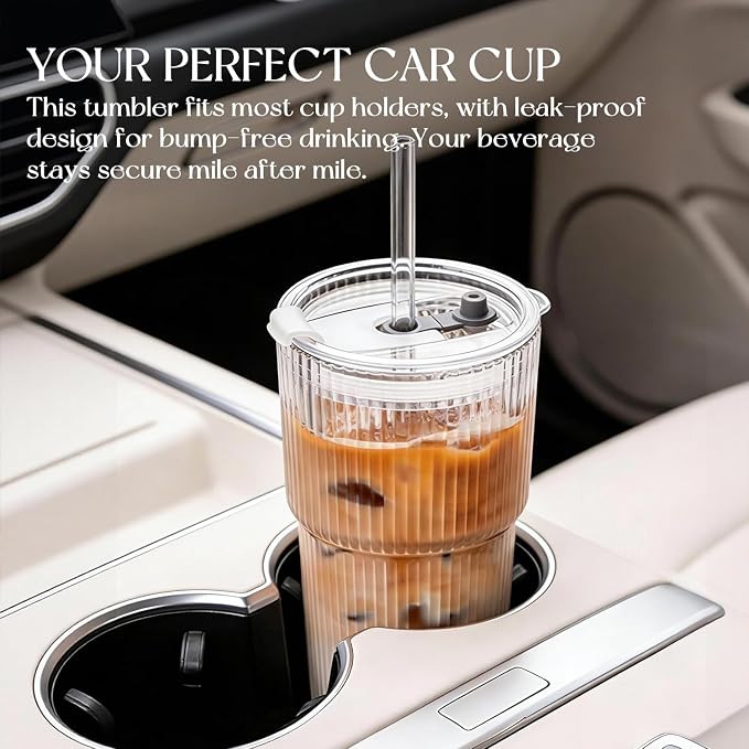 KEMORELA 20oz Ribbed Glass Tumblers with Lids and Straws, Iced Coffee Cups | Reusable thick-wall glass, Leak-Proof Lids, Fits Most Car Cup Holders, For Iced Coffee and Cold Drinks, With Cleaning Brush