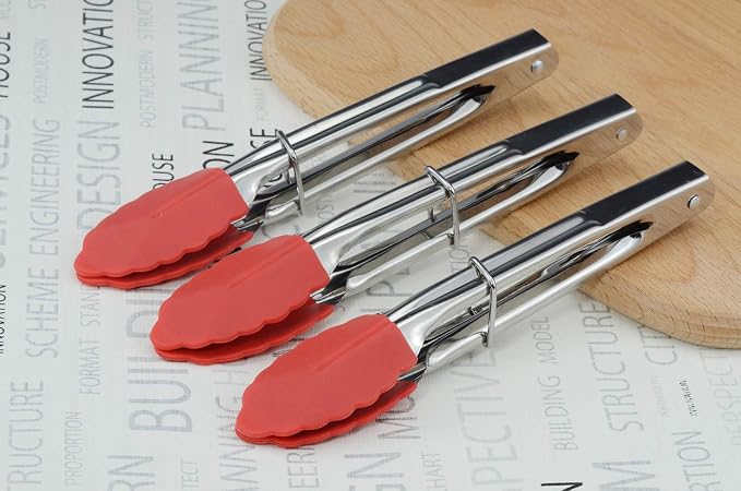 HINMAY Small Tongs with Silicone Tips 7 Inch Kitchen Tongs, Set of 3 (Red)
