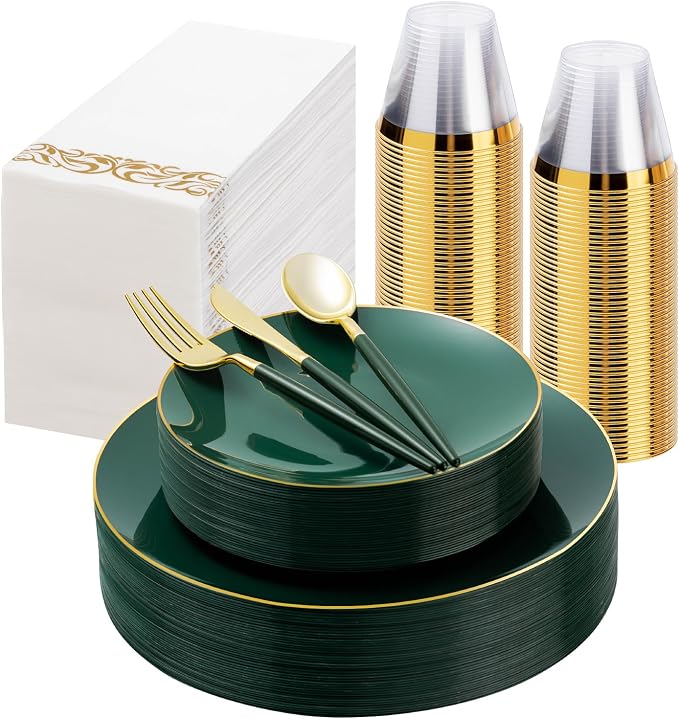 Bestluck 175PCS Green Plastic Dinnerware Set, Green Plastic Plates for 25 Guests, Include 50 Green Gold Plates with 75 Plastic Cutlery, 25 Napkins and 25 Cups