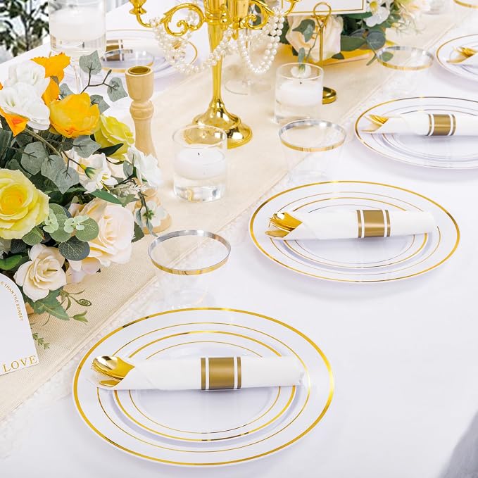 DaYammi 210PCS Gold Plastic Dinnerware Set Gold Plates Disposable Disposable Plates for Party Include: 30 Dinner Plates,30 Dessert Plates,30 Pre Rolled Napkins with Gold Silverware,30 Cups for Wedding