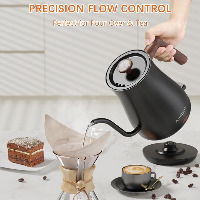 Anfilank Gooseneck Electric Kettle with Thermometer, 0.8L Small Electric Tea Kettle, 1200W Fast Heat, Precision Pour for Coffee & Tea, Auto Shut Off & Dry Boil Protection, Stainless Steel