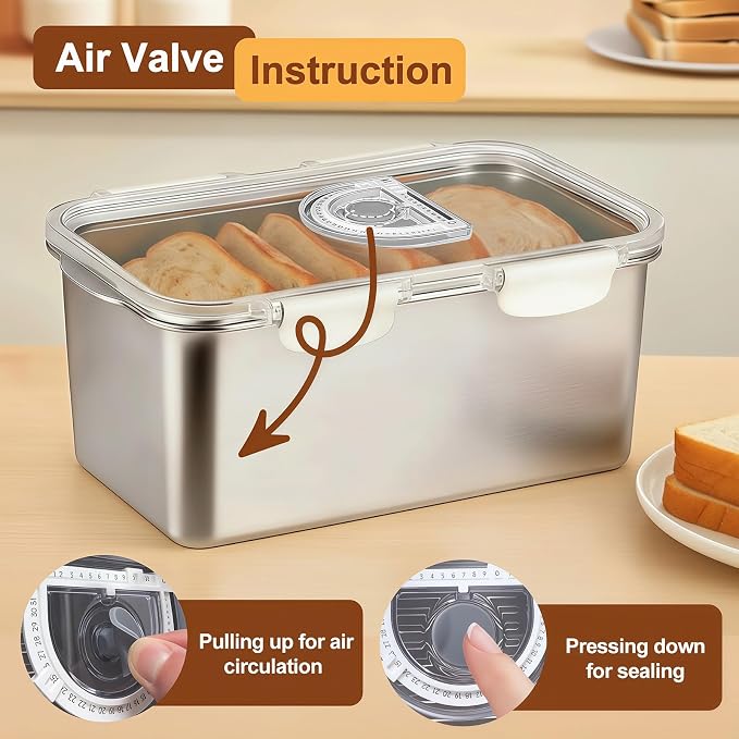 Gifhomfix Bread Box 304 Stainless Steel Bread Container, Dishwasher Safe Bread Storage for Homemade Bread, Time Recording Bread Storage Container with Lid and Handle