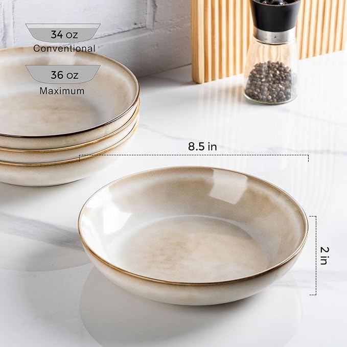 AmorArc 8.5’’ Ceramic Pasta Bowls Set of 6, 36oz Large Stoneware Bowls Set | Large Dinner Serving Bowls Set, Wide Bowl Plate for Pasta,Salad, Soup, Microwave Safe, Reactive Glaze-Cappuccino