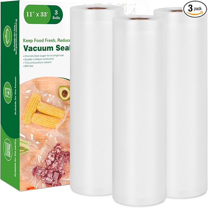 Vacuum Sealer Bags for Food Storage, 3 Rolls 11" x 33', Cut-to-Size Bags | 3Mil Embossed BPA-Free Puncture-Resistant Rolls, Universal Fit for Sous Vide, Meal Prep, Freezer Storage & Food Preservation