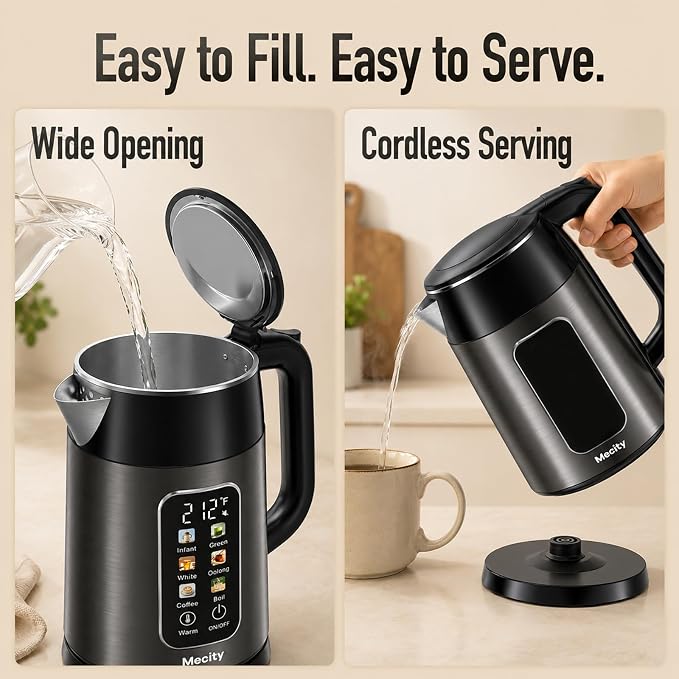 Mecity Electric Kettle 1.7L Touch Screen Temperature Control Water Boiler, No Plastic Contact with Water. 6 Preset Temperature Programs, 2 Hours Keep Warm, Auto Shut Off, Dark Grey