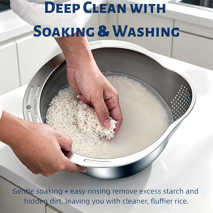 DOPMEP Rice Washer Strainer Bowl Stainless Steel Colander with Side Drainer | Ideal for Soaking, Washing, Cleaning, and Rinsing Rice, Fruits, Vegetables & Beans, Versatile Kitchen Tool
