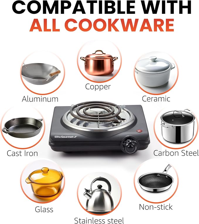 Elite Gourmet ESB100B Single Coiled Burner Hot Plate, Countertop, Black | Adjustable temperature control with indicator light, easy-to-clean design for quick, reliable electric cooking