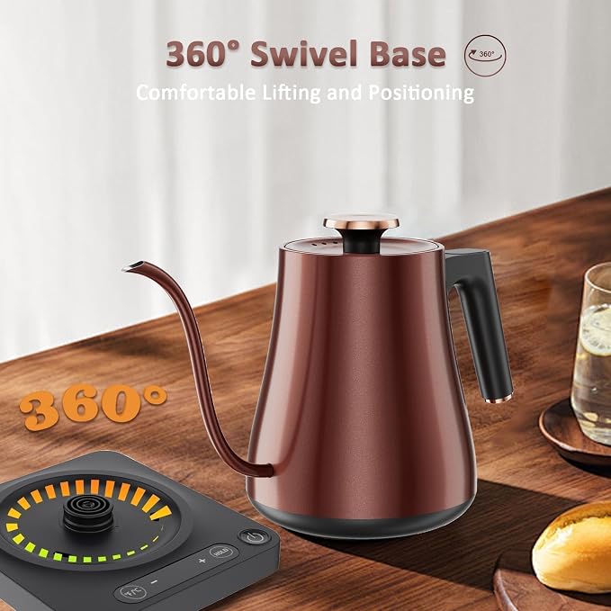 Gooseneck Electric Kettle 1.0L, 1000W, Pour Over, Vintage Copper | 104-212°F Temp Control, LED Display, Keep Warm, 304 SS, BPA-Free, For Pour Over & Tea