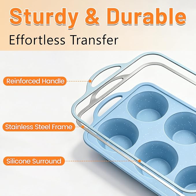 Jumbo Muffin Pan, Metal Reinforced Frame 3.5inch Jumbo Silicone Muffin Pan | 2 Pack, with Handle, BPA Free, Nonstick, Oven Dishwasher Safe, Food-Grade Silicone, Heat-resistant: -104°F to 446°F, 6-Cup