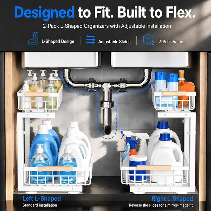 Under Sink Organizer 2 Pack, Double Slide Out Metal Shelf, White | Pull Out Kitchen Storage Cabinet Organizer, 2-Tier Under Sink Storage Rack for Bathroom Laundry Kitchen Storage with Drawer