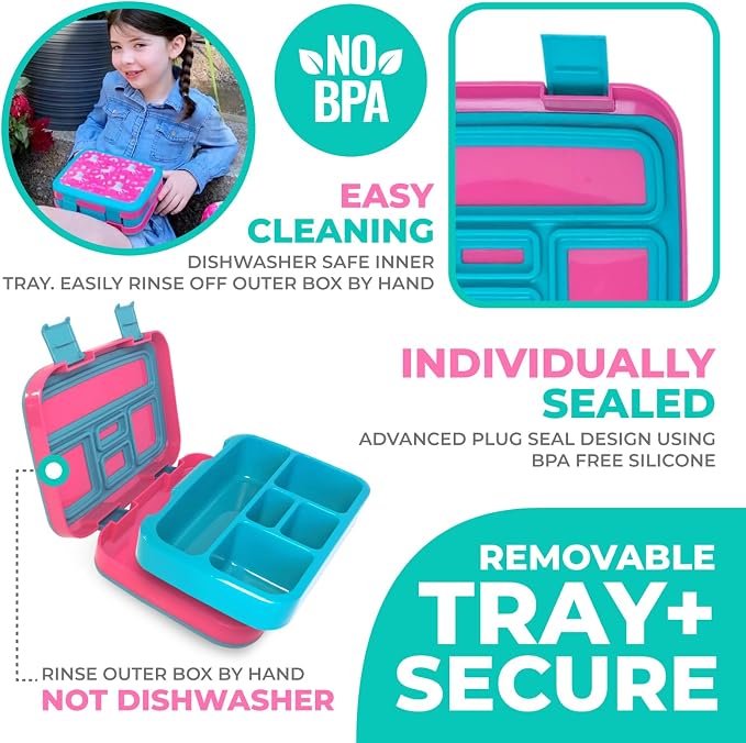kinsho Bento Lunch Box, Bottle, Bag, Ice Pack for Small Kids, Pink Unicorn | 5 Leakproof Portion Compartments, BPA-Free Removable Tray, Insulated Meal or Snack Container for Pre-School Daycare