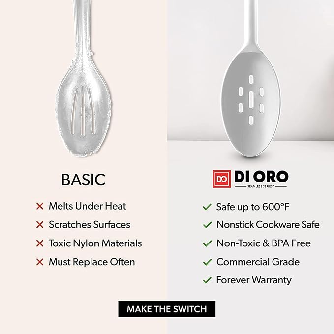DI ORO Silicone Cooking Spoons - Solid & Slotted Set, 2-Pc Stone | Large heads for mixing, serving, and stirring; Heat-resistant to 600F for nonstick cookware; BPA-free and dishwasher safe