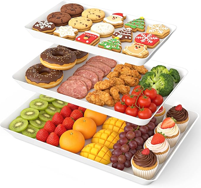 SpaceWhisper Serving Tray, White, 3 Pack, Rectangular Appetizer Platters | Stackable and Lightweight, Glossy PP Plastic,16 x 11 in, 14 x 9 in, 12 x 7 in, for Parties, Buffets, and Everyday Meals