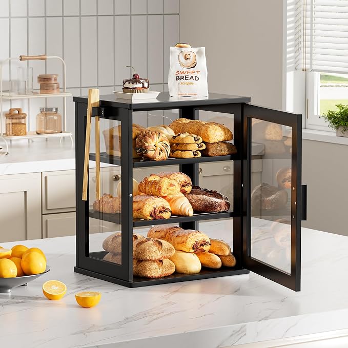 WOWLIVE Bread Box for Kitchen Countertop, 3 Layers Bread Storage Container | Large Bamboo Bread Bin for Homemade Bread with Window, Farmhouse Breadbox Organizer for Kitchen, Cabinet, Black, Meduim