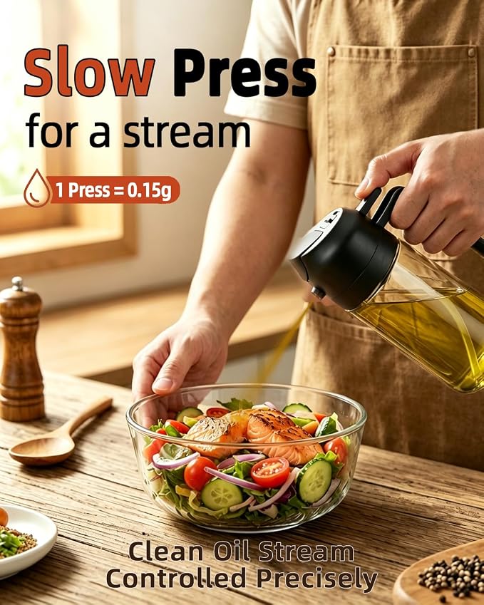 16oz/470ml Oil Sprayer for Cooking, 2 in 1 Oil Dispenser for Kitchen, Olive Oil Sprayer, Food Grade Glass Bottle for Kitchen Gadgets, Air Fryer Accessories, Salad, BBQ (Black)