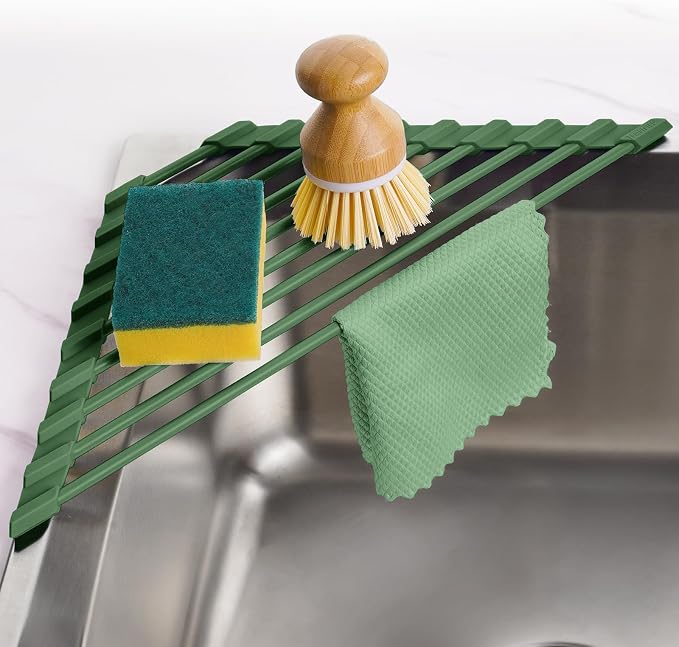 Tomorotec Roll Up Dish Drying Rack with Silicone Coating, Army Green | 304 Stainless Steel with BPA-Free Silicone, Triangle Design Maximizes Sink Corner Space, Fits Compact Kitchens And RVs