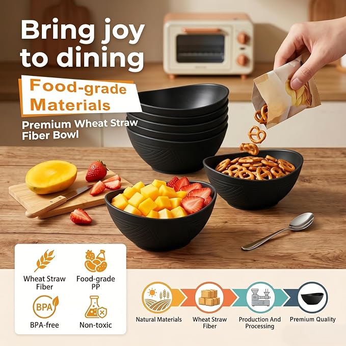 Cereal Bowls Sets of 6, Unbreakable & Lightweight Wheat Straw Bowls 26oz, Alternative to Plastic Bowl for Soup, Fruit, Salad, Microwavable Bowl for Kitchen, Camping, RV, Party - Black