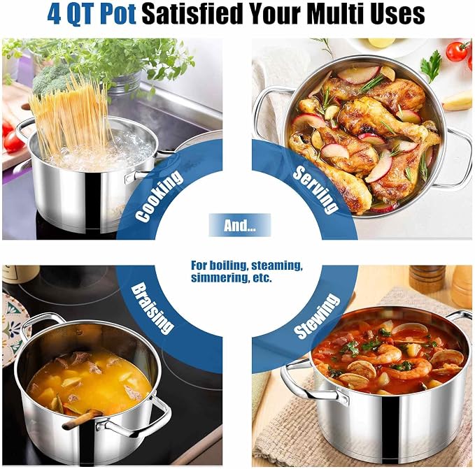 P&P CHEF 4 Quarts Stock Pot with Lid, Stainless Steel Stockpot for Cooking | Cooking Pot for Soup, Pasta, Tri-Ply Bottom for Induction, Gas, Ceramic, Glass Lid & Double Handle, Dishwasher Safe