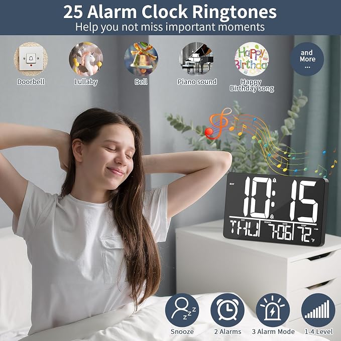 PERSUPER 13" Digital Wall Clock Large Display with Remote, Temp & Timer | Auto Dimming, 12/24H, DST, Calendar, 25 Ringtones, for Living Room, Kitchen, Bedroom, Office & Elderly